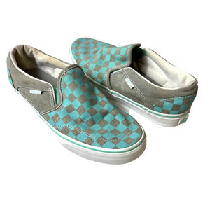 Vans Classic Old Skool Women Size 8.5 Teal/Gray Check Slip On Canvas Casual Shoe